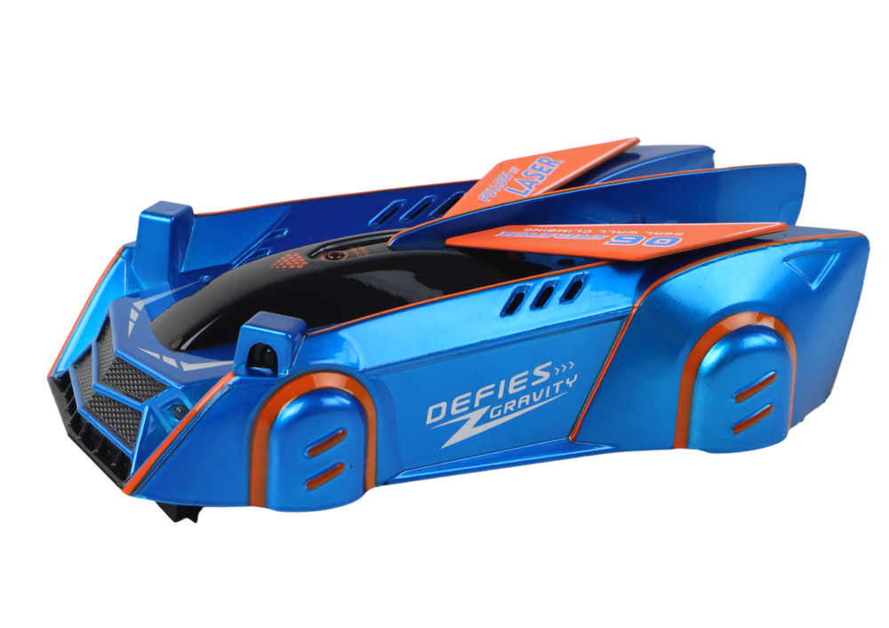 Sports car driving on the walls and ceiling with a blue laser