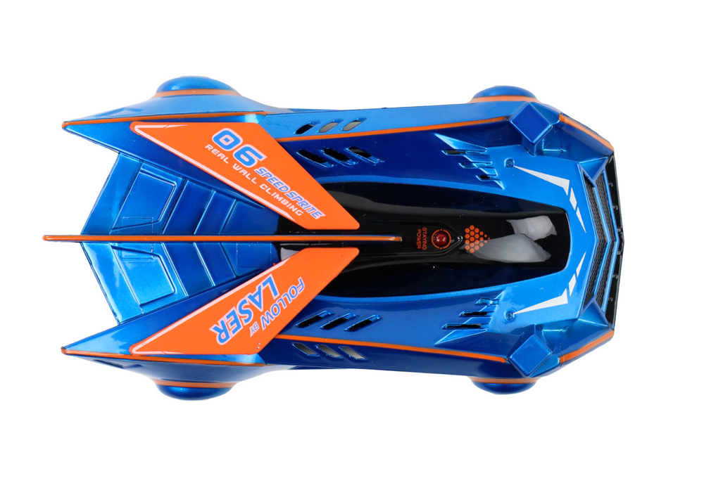 Sports car driving on the walls and ceiling with a blue laser